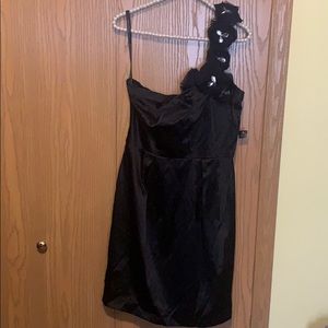 Black satin one strap mini dress